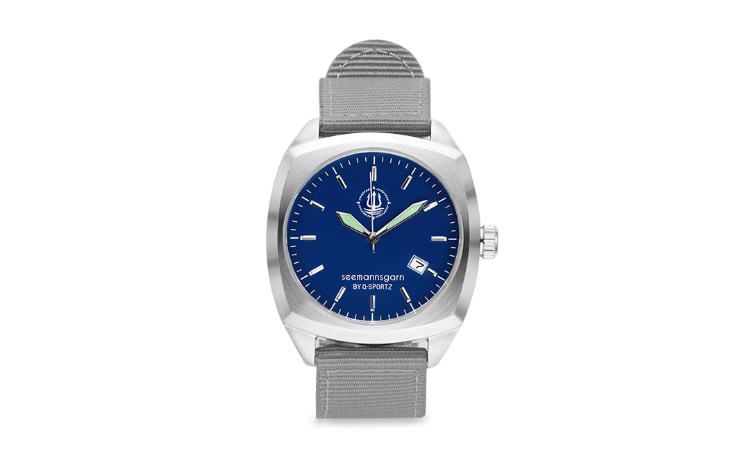 Bild von Seemannsgarn Uhr Quadrat Edelstahl matt navy blau Band grau