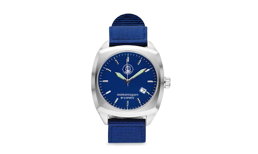 Bild von Seemannsgarn Uhr Quadrat Edelstahl matt navy blau Band navy blau