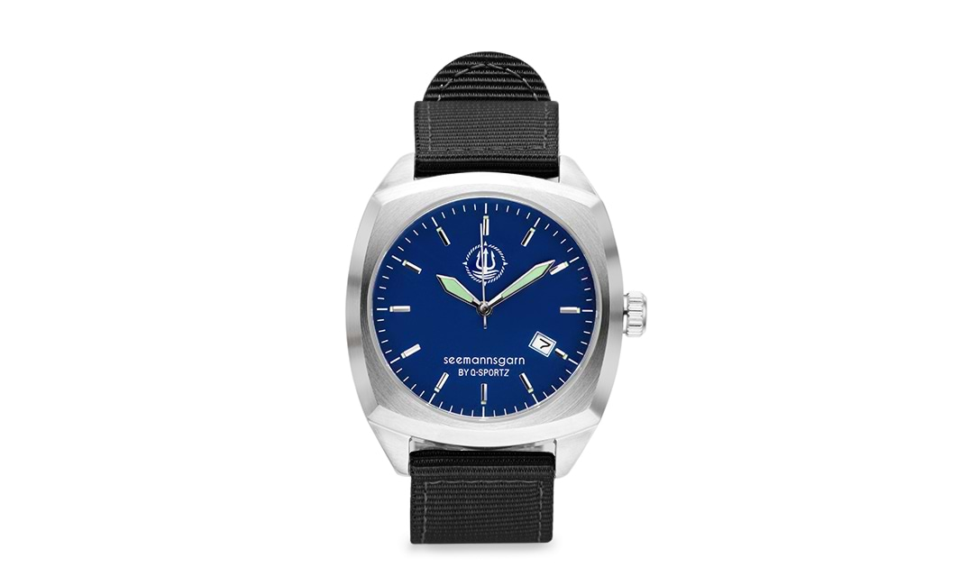 Bild von Seemannsgarn Uhr Quadrat Edelstahl matt navy blau Band schwarz