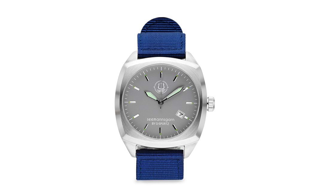 Bild von Seemannsgarn Uhr Quadrat Edelstahl matt grau Band navy blau