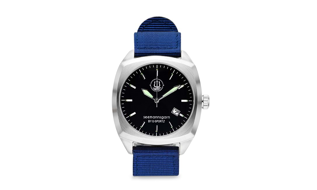 Bild von Seemannsgarn Uhr Quadrat Edelstahl matt schwarz Band navy blau